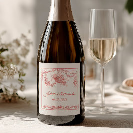 Blush Toile de Jouy Bröllopsflasketikett med Cupi Vinflaska Etikett