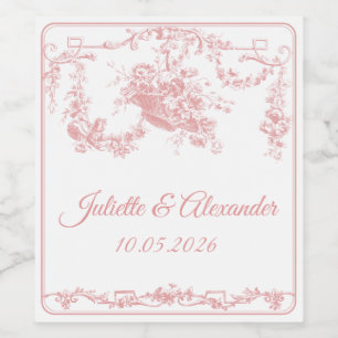 Blush Toile de Jouy Bröllopsflasketikett med Cupi Vinflaska Etikett