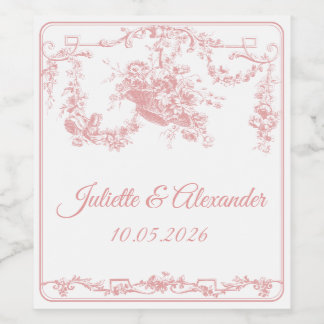 Blush Toile de Jouy Bröllopsflasketikett med Cupi Vinflaska Etikett