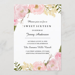 Blush Vit Botanisk Blommig Sweet Sixteen Inbjudan