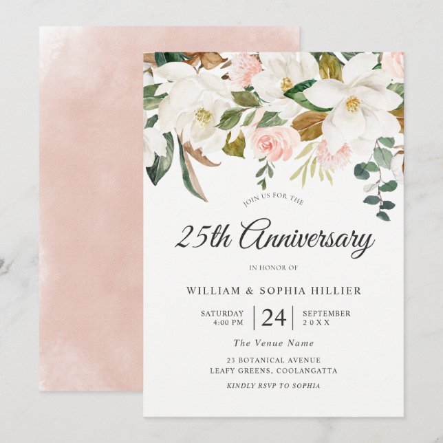 Blush & Vita Blommor 25-årsjubileum för bröllop Inbjudningar (Fram/baksida)