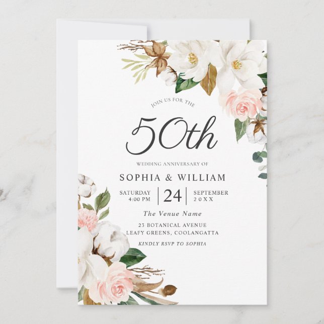 Blush & Vita Blommor 50-årsjubileum för bröllop Inbjudningar (Framsida)