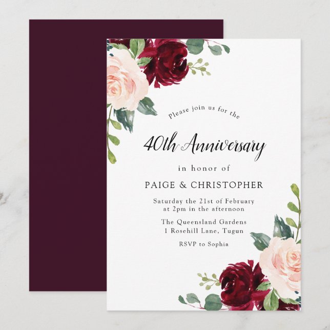 Blush Watercolor Blommig 40-års bröllopsjubileum Inbjudningar (Fram/baksida)