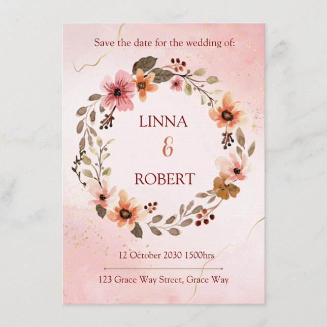blush watercolor floral wedding invitation  inbjudningar (Framsida)