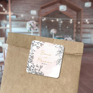 Blush Watercolor with Elegant Black Leaf Frame Fyrkantigt Klistermärke