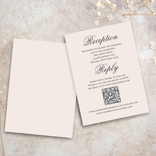 Blush Wedding Script RSVP Reception  Tilläggskort (Blush wedding reception and reply card with a scannable QR code.)