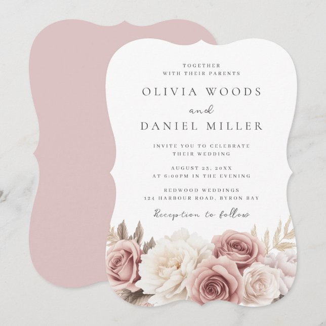 Blush & White Flowers Elegant Wedding Inbjudningar (Fram/baksida)