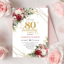 Blush white roses elegant gold trim 80th birthday  inbjudningar