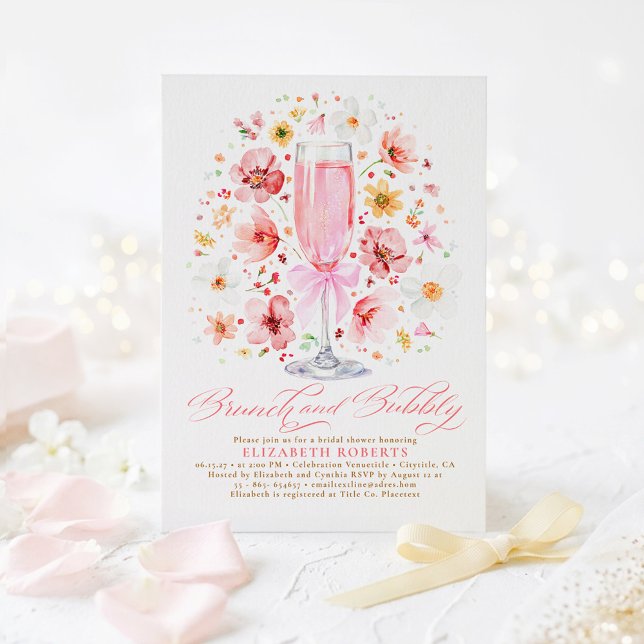 Blush Wildflower Brunch and Bubbly Bridal Shower Inbjudningar (Blush Pink Watercolor Flowers Brunch and Bubbly Bridal Shower Invitations)