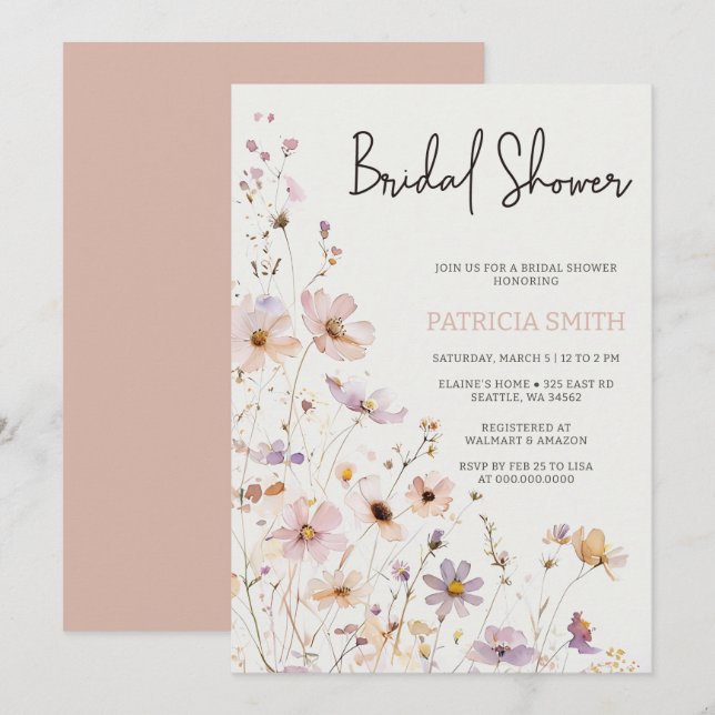 Blush Wildflowers Bridal Shower Inbjudningar (Fram/baksida)