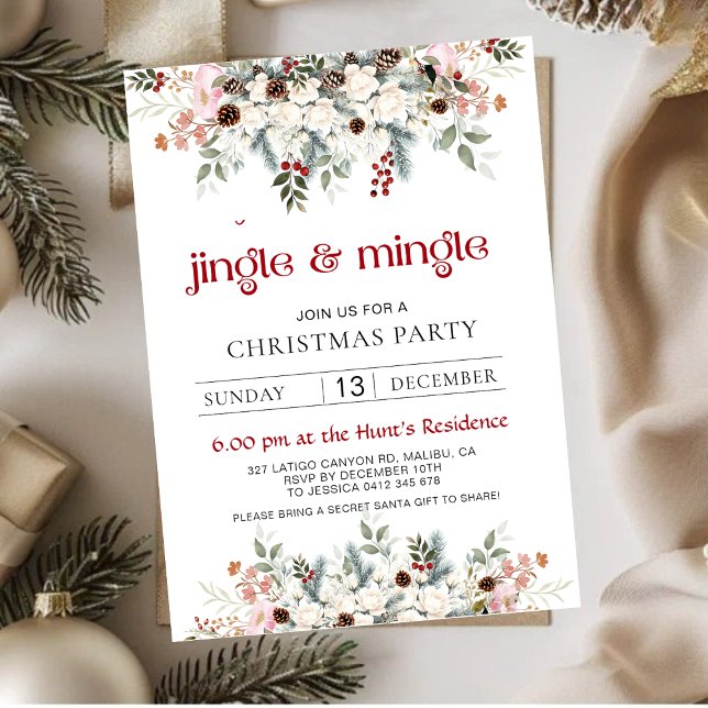 Blush Winter Floral Jingle & Mingle Julfest Julkort (Skapare uppladdad)