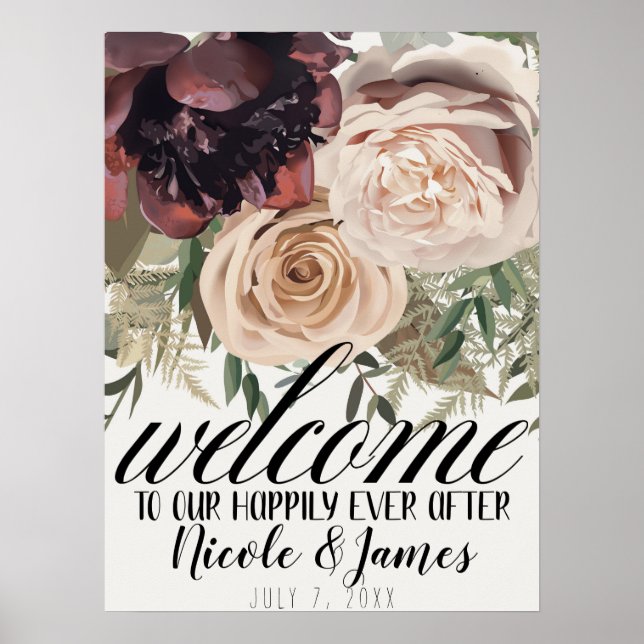 Blushing Blommigt Blooms Botanical Welcome Bröllop Poster (Framsidan)