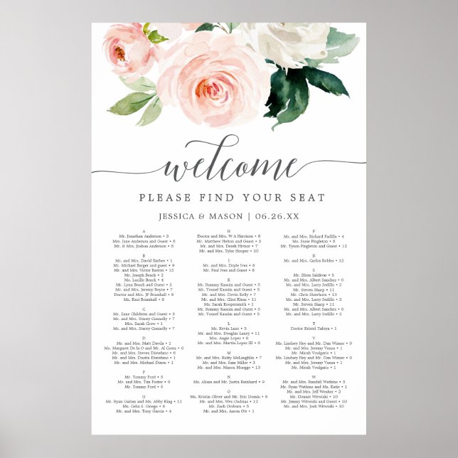 Blushing Blooms Bröllopsplatskarta 24x36 Poster (Framsidan)