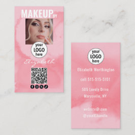 Blushing Coral Pink Watercolor QR Social Makeup Visitkort