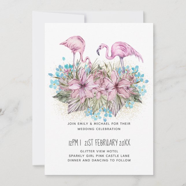 Blushing Flamingos Tropical Beach Wedding Inbjudningar (Framsida)