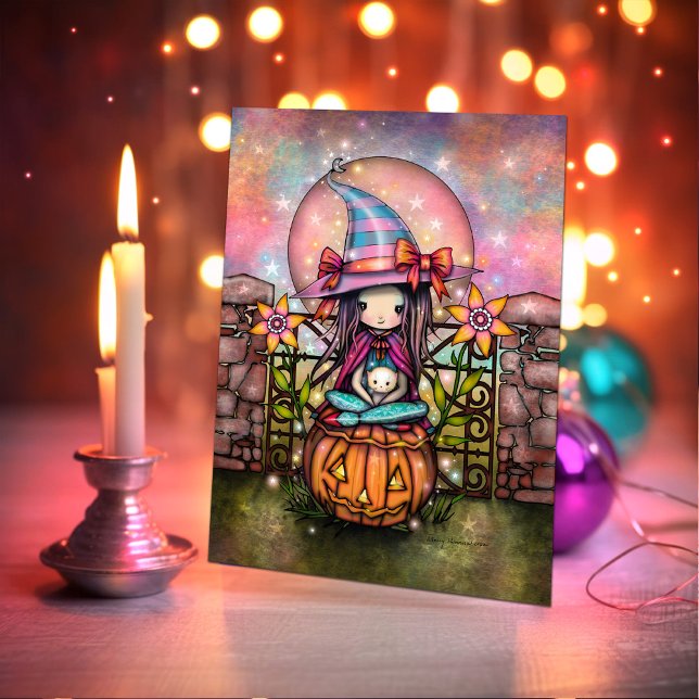 Blushing Måne Halloween Cute Witch Art Kort (Skapare uppladdad)