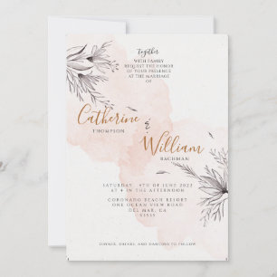 Blushing Peach Grått Blommigt Photo Bröllop Inbjudningar