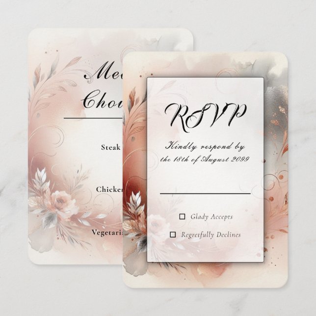 Blushing Petals and Silver Swirls Wedding OSA Kort (Fram/baksida)