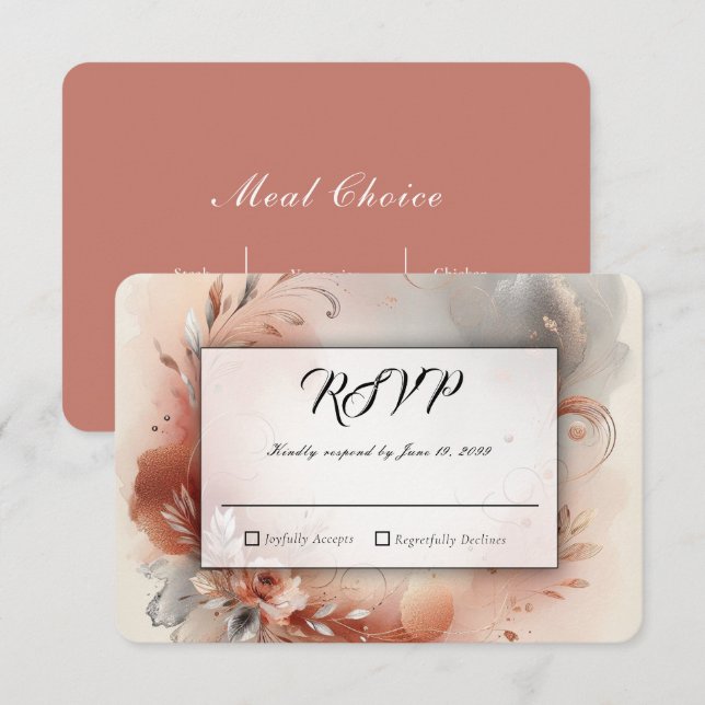 Blushing Petals and Silver Swirls Wedding OSA Kort (Fram/baksida)