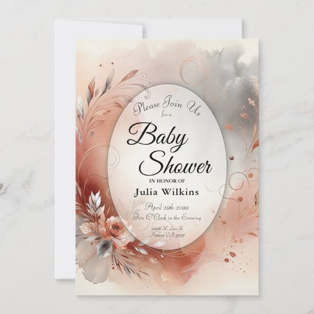 Blushing Petals och Silver Swirls Baby Shower Inbjudningar (Framsida)
