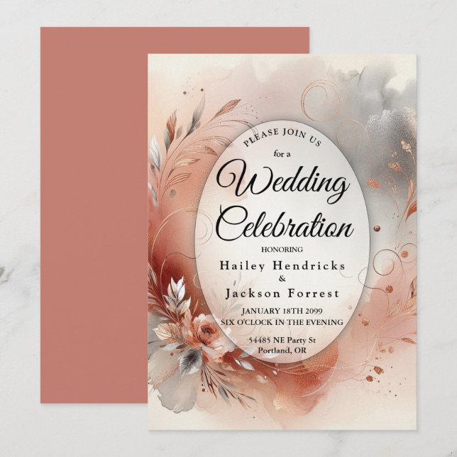 Blushing Petals och Silver Swirls Bröllop Inbjudningar (Fram/baksida)