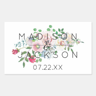 Blushing Ro Watercolor Blommigt Bröllop Monogram Rektangulärt Klistermärke