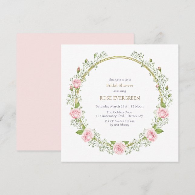 Blushing Romantik: Rosa ros och Baby Breathe Inbjudningar (Fram/baksida)