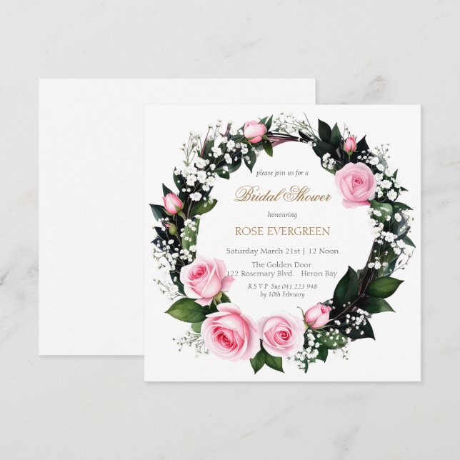 Blushing Romantik: Rosa ros och Baby's Breathe In Inbjudningar (Fram/baksida)
