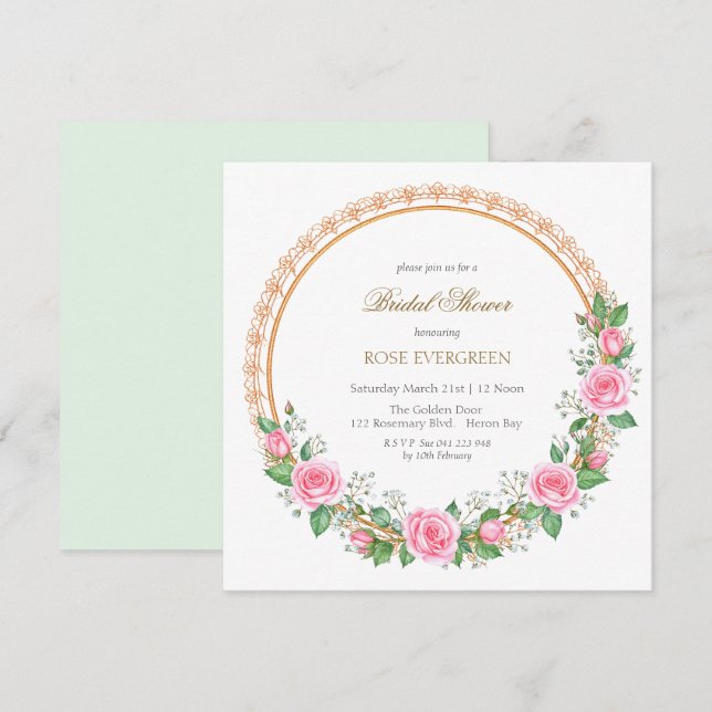 Blushing Romantik: Rosa ros och Baby's Breathe In Inbjudningar (Fram/baksida)