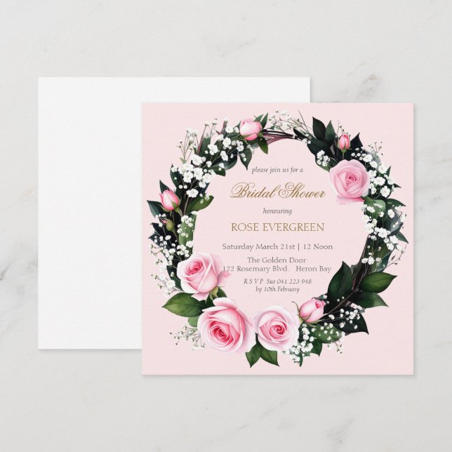 Blushing Romantik: Rosa ros och Baby's Breathe In Inbjudningar (Fram/baksida)