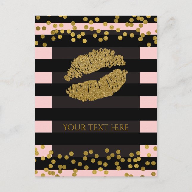 Blushing Rosa & Black Rand Guld Faux Foil Dots Vykort (Framsida)