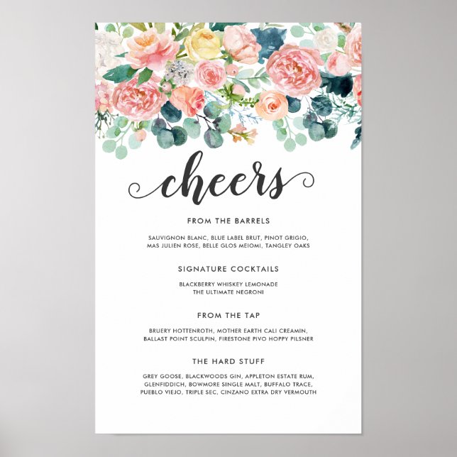 Blushing Summer Blommigt Bröllop Pub Menu Poster (Framsidan)