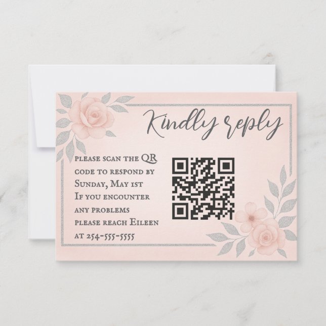 Blushing Vows QR Code Wedding RSVP Card OSA Kort (Framsida)