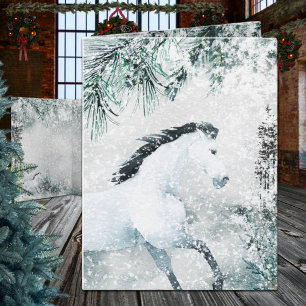 Blustering Winter Woodland Forest White Horse Helgkort