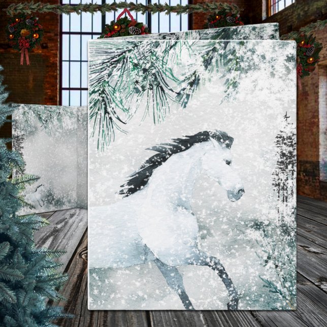 Blustering Winter Woodland Forest White Horse Helgkort (Blustering Winter Woodland Forest White Horse Christmas Holiday Wraparound Graphics  Folded Card)