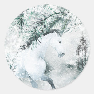 Blustering Winter Woodland Forest White Horse Runt Klistermärke