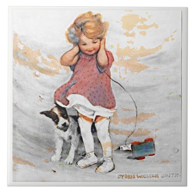 Blustery Vind Jessie Wilcox Smith Girl Hund Kakelplatta (Framsidan)