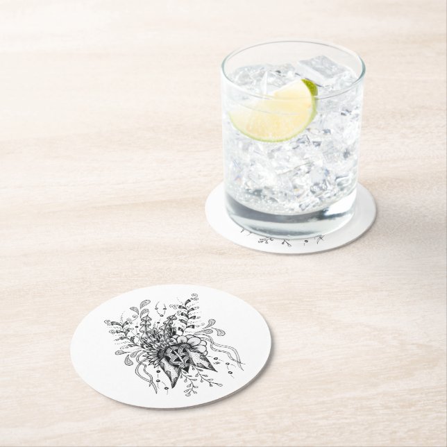 Blüte handgezeichnet, Zen Art -  Underlägg Papper Rund (Insitu)