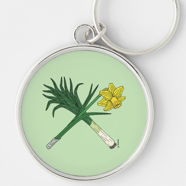 Bly och Daffodil korsade Rund Silverfärgad Nyckelring (Framsidan)