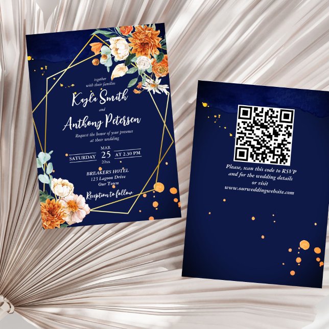 Blyblått orange vit ros bröllopsinbjudan inbjudningar (Navy blue orange white roses geometrical gold frame all in one wedding invitation template digital)