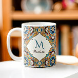 Blyerskrapor av typen Teal bruntalavera, monogramm Kaffemugg<br><div class="desc">Teal Blue och brun färgad vintage Mexikanska talavera azulejo-bridesmaider från personlig namn monogrammade kaffekaffekgåvor från mugg till henne</div>
