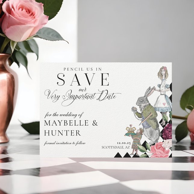 Blyerts oss i Alice i Underlandet Rutigt Spara Datumet (Pencil Us In Alice In Wonderland Checkerboard Save The Date)