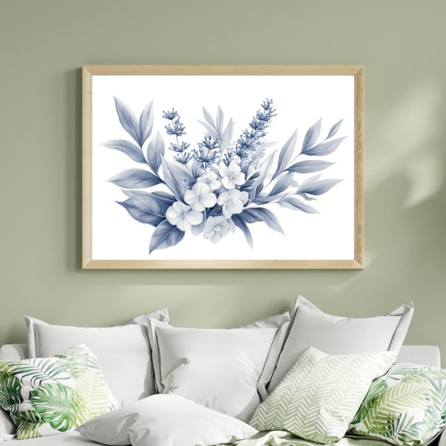 Blyertsteckning Silvergrå Vita Blommor Poster (Pencil Sketch Silver, Gray White Floral Wall Art poster print. Printed or Digital Download)