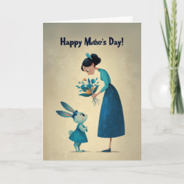 Blyg liten kanin som ger mamma blommor kort