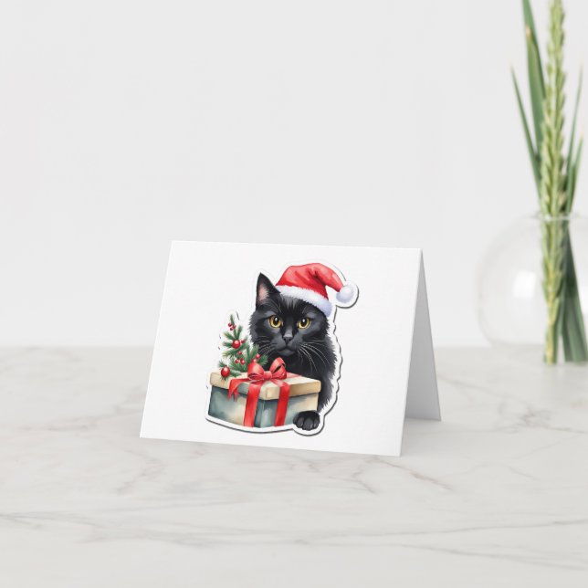 Blyg Svart Tomte Kattunge med Present BLANK Helgkort (Framsida)