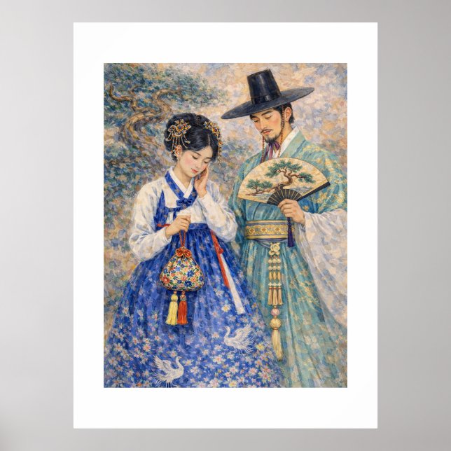 Blyga koreanska par i Hanbok – Romantiska Östasiat Poster (Framsidan)