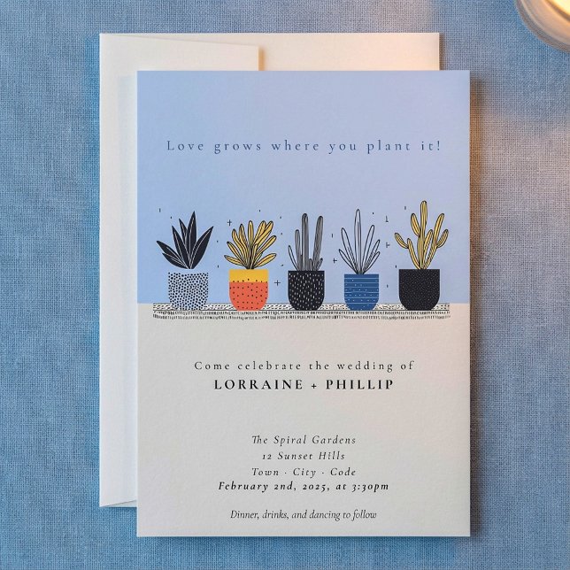 Blyinbjudan till älskare om växtplanta inbjudningar (Bright house plant lover wedding invitation.)