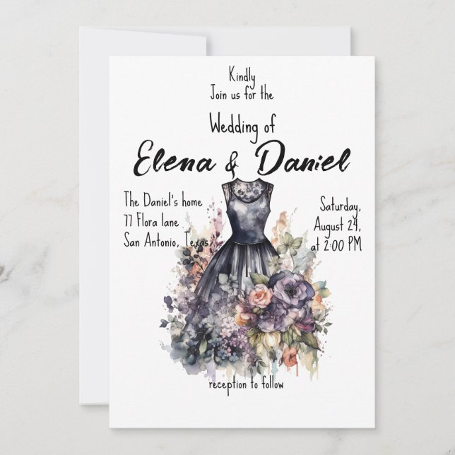 Blyinbjudan till ro med svart klädsel, vattenfärg inbjudningar (Framsida)