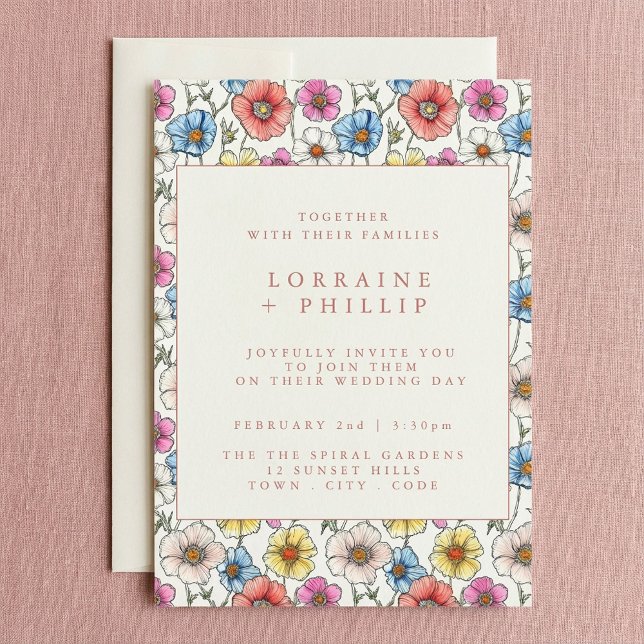 Blyinbjudan till roligt-blommor mönster inbjudningar (Fun vibrant wildflowers pattern wedding invitation.)