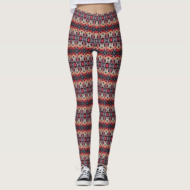 Blyröd, gräddvit och svart ludd mönster leggings (Framsida)